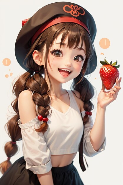 Cartoon anime style hand drawn drawing beautiful young girl holding a strawberry