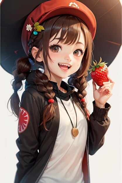 Cartoon anime style hand drawn drawing beautiful young girl holding a strawberry