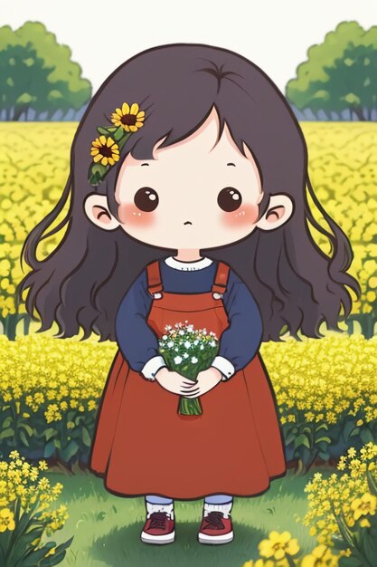 Мультяшный аниме стиль красивая молодая девушка в желтых цветах на фоне обоев с фигурками