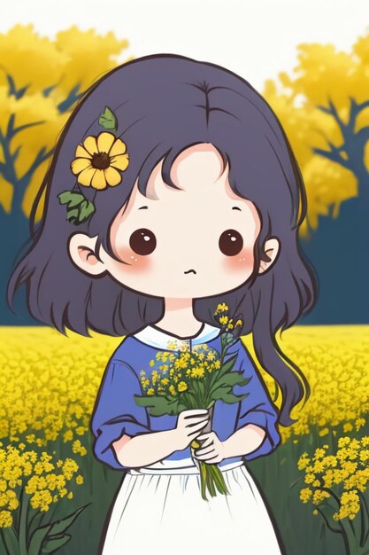 Cartoon anime style pretty young girl in yellow flowers from stick figure wallpaper background