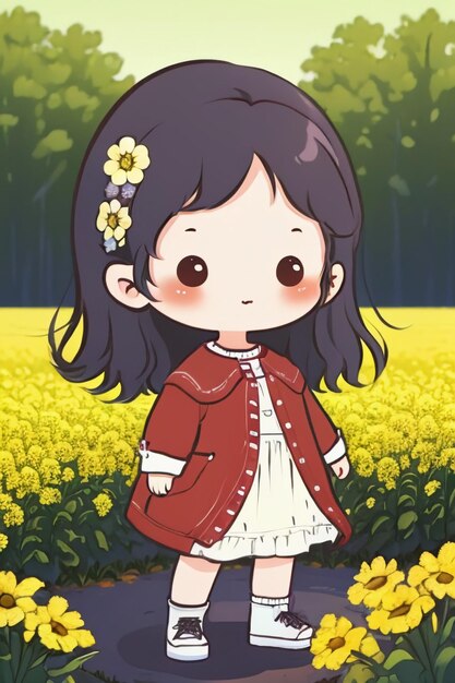 Photo cartoon anime style pretty young girl in yellow flowers from stick figure wallpaper background