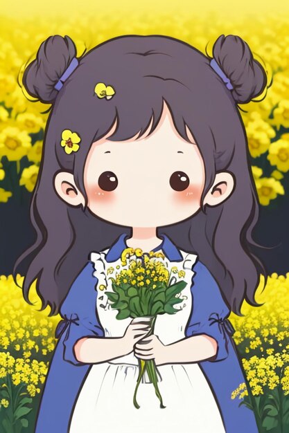 만화 애니메이션 스타일 막대기 그림 바탕화면 배경에서 노란색 꽃을 입은 예쁜 어린 소녀
