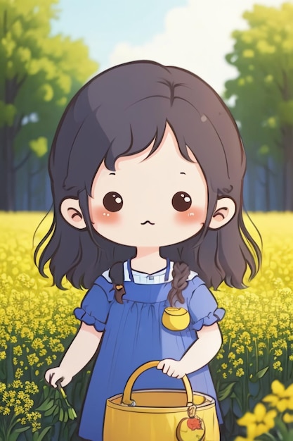 Cartoon anime style pretty young girl in yellow flowers from stick figure wallpaper background