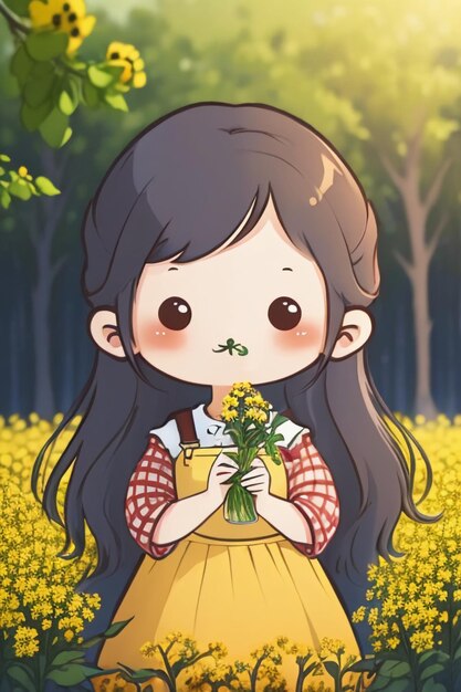 Cartoon anime style pretty young girl in yellow flowers from stick figure wallpaper background