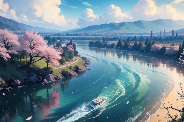 Cartoon anime style village river mountain tree nature landscape wallpaper illustration background