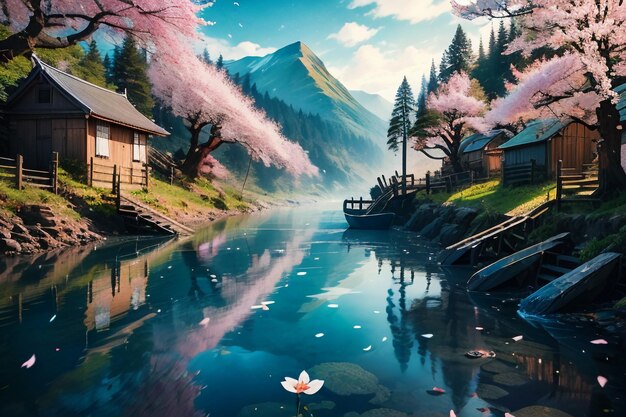 Cartoon anime style village river mountain tree nature landscape wallpaper illustration background