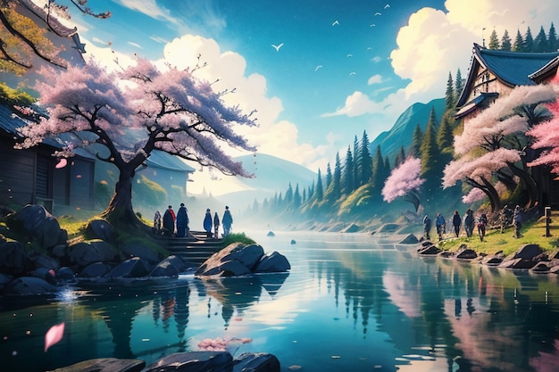 Cartoon anime style village river mountain tree nature landscape wallpaper illustration background
