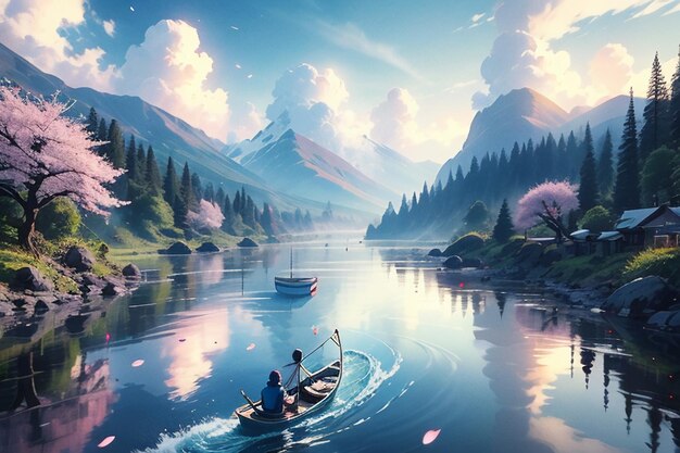 Cartoon anime style village river mountain tree nature landscape wallpaper illustration background