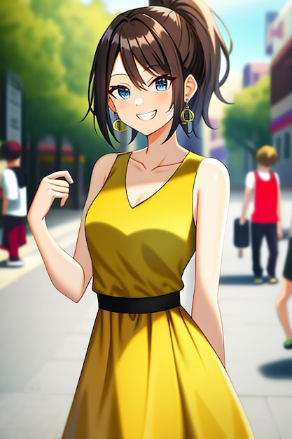 Мультяшный аниме стиль молодая красивая девушка в красочном платье обои фон