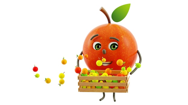 Cartoon apple 3d rendered character holding a wooden box with apples