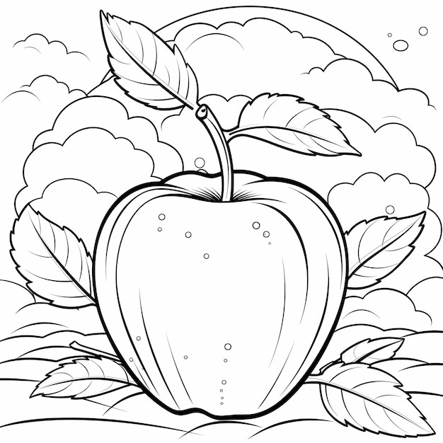 Photo cartoon apple magic coloring page for kids with thick lines low detail and no shading