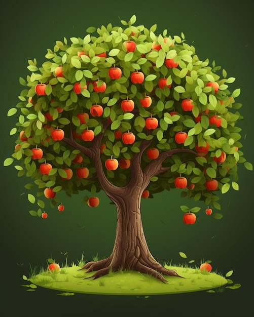 하단에 "사과"라는 단어가 있는 만화 사과 나무.