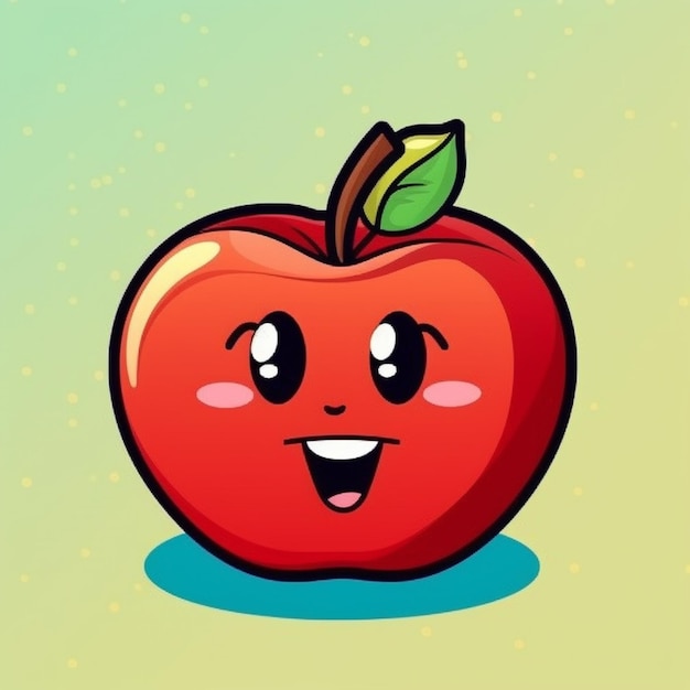 Photo cartoon apple with a happy face and a green leaf generative ai