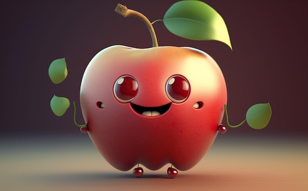 A cartoon apple with a smiling face and a green leaf on its face