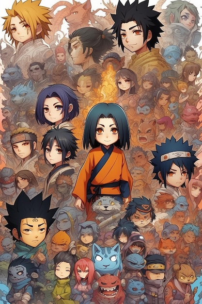 Cartoon artistic image of colorful anime inspired mural of various characters doing various actions