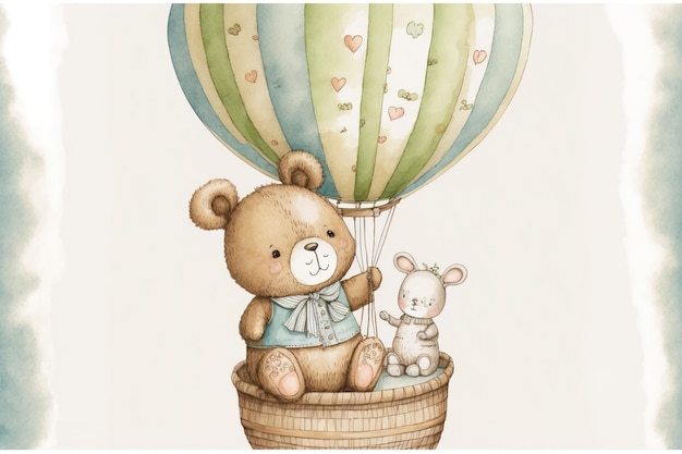 Cartoon artwork of a hand drawn watercolor bunny holding an air balloon