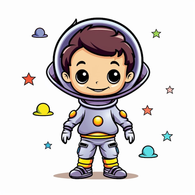 우주복을 입은 만화 우주비행사 소년, 별과 행성, 생성 AI