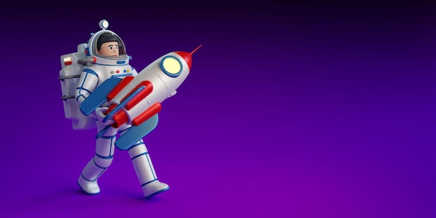 Cartoon astronaut in een ruimtepak draagt een ruimteraket in zijn armen 3d illustratie 3d render