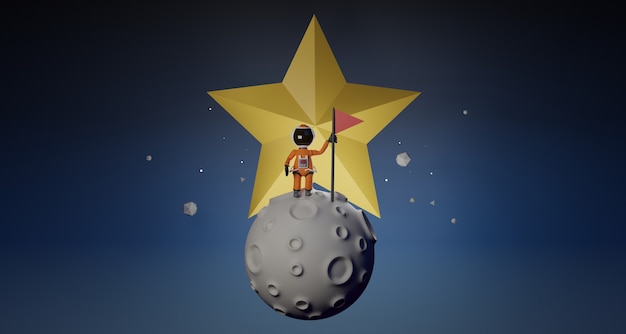 cartoon astronaut met vlag staat op maan en ster achter 3D-rendering
