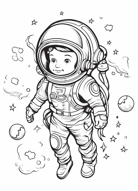 행성과 별을 가진 우주복을 입은 만화 우주비행사
