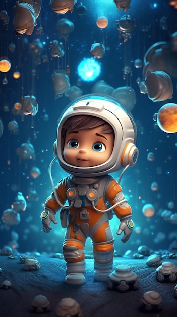 Cartoon astronaut in space with bubbles floating around him generative ai