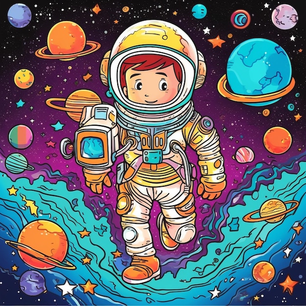 a cartoon of a astronaut in space with planets and planets