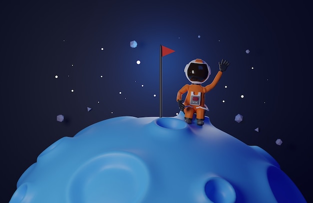 旗を持った漫画の宇宙飛行士が月に立って3Dレンダリングの青いトーン