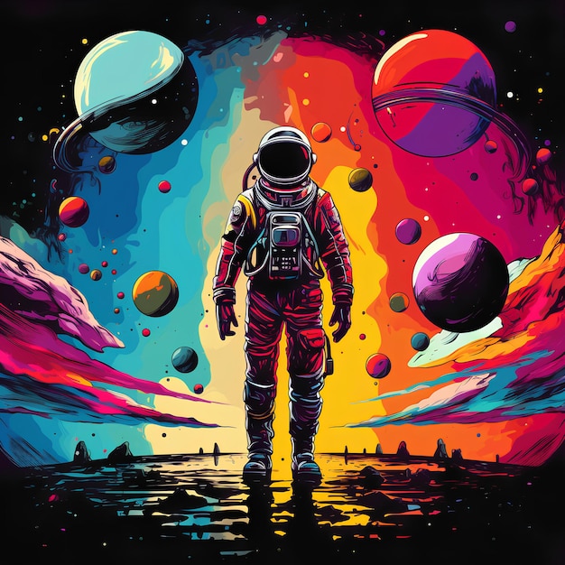 Cartoon astronaut with planets and colors