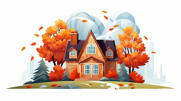 Photo cartoon autumn house on white background in flat style generative ai