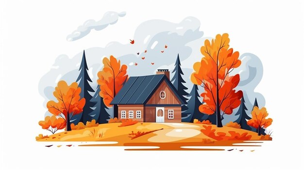 Photo cartoon autumn house on white background in flat style generative ai