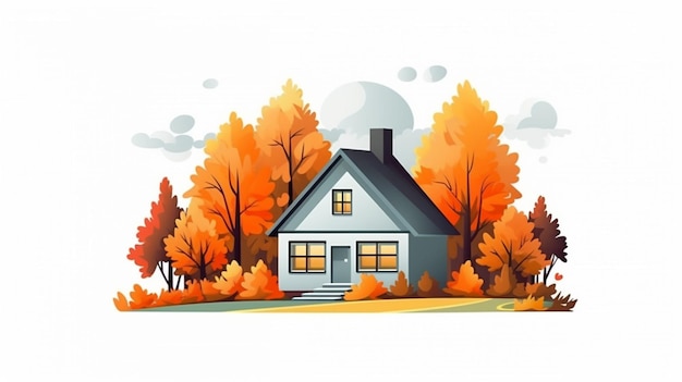 cartoon autumn house on white background in flat style generative ai