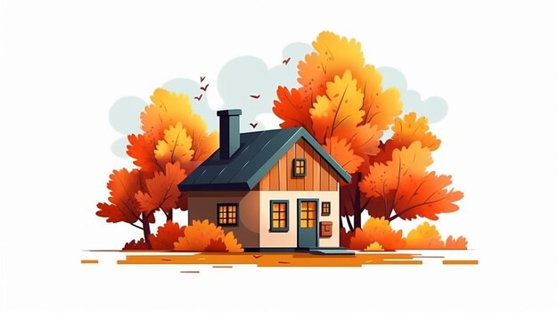 Photo cartoon autumn house on white background in flat style generative ai