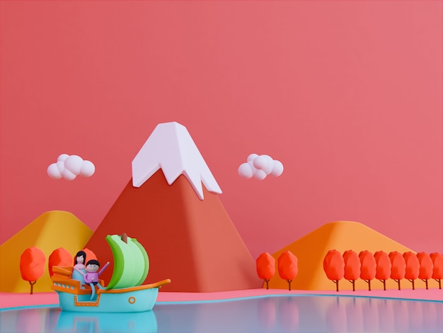 Cartoon autumn mountain background 3d render.