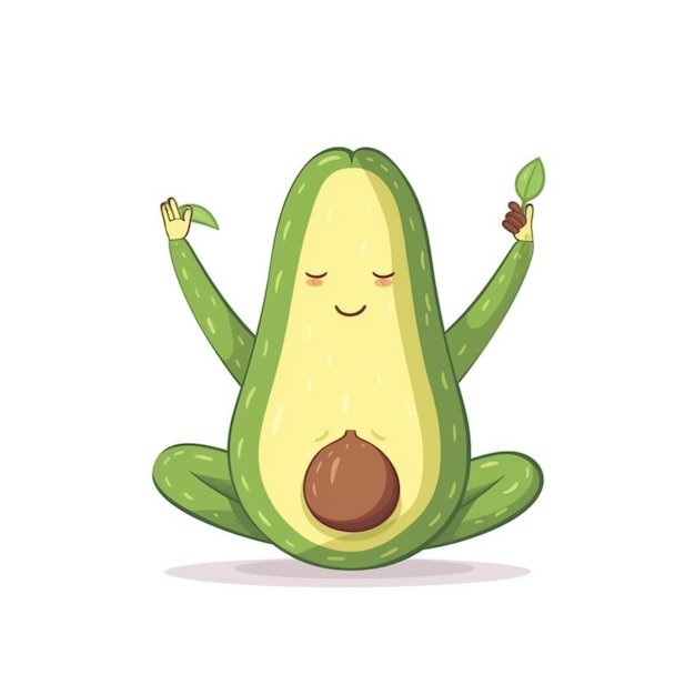 Cartoon avocado mediteren in yoga positie met bladeren generatieve ai