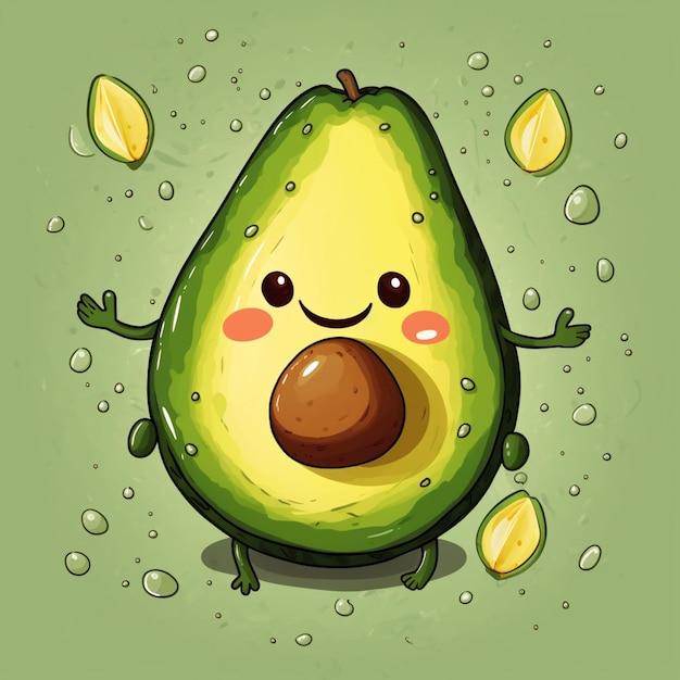 cartoon avocado met een verbaasd gezicht en ogen omringd door citroenen generatieve ai