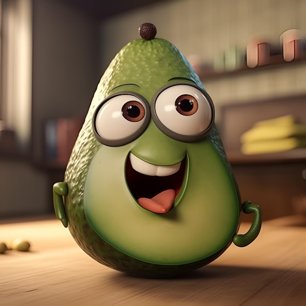 A cartoon avocado that is sitting on a wooden table.