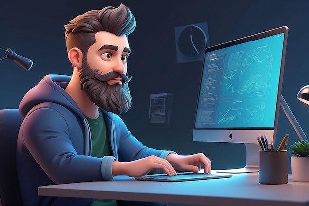 Cartoon baard knap personage casual man stoel aan het bureau werken op laptop