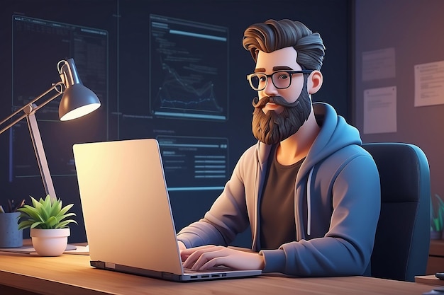 Cartoon baard knap personage casual man stoel aan het bureau werken op laptop