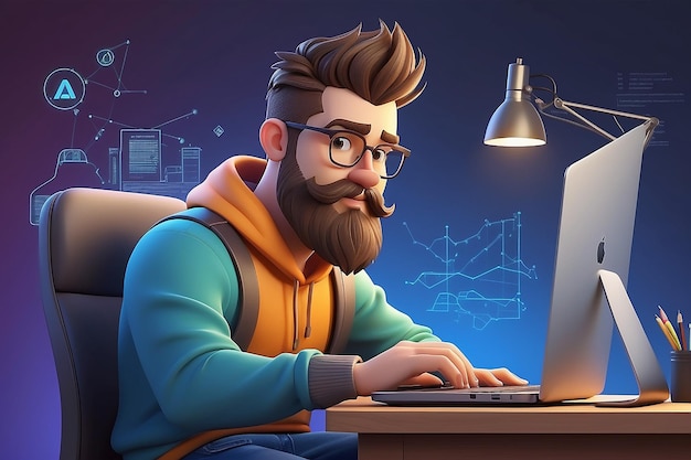 Cartoon baard knap personage casual man stoel aan het bureau werken op laptop