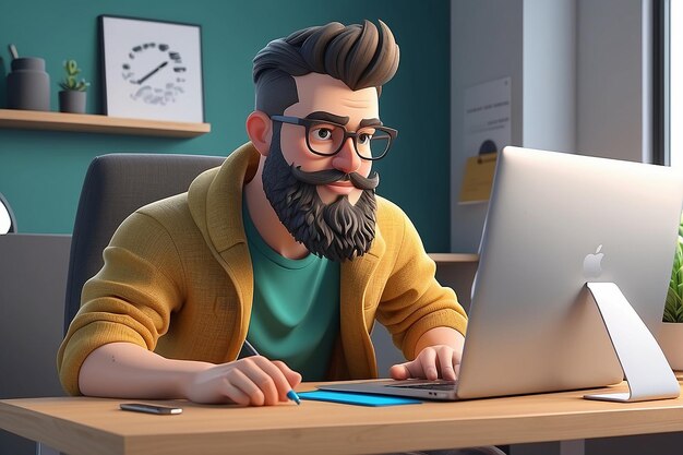 Cartoon baard knap personage casual man stoel aan het bureau werken op laptop