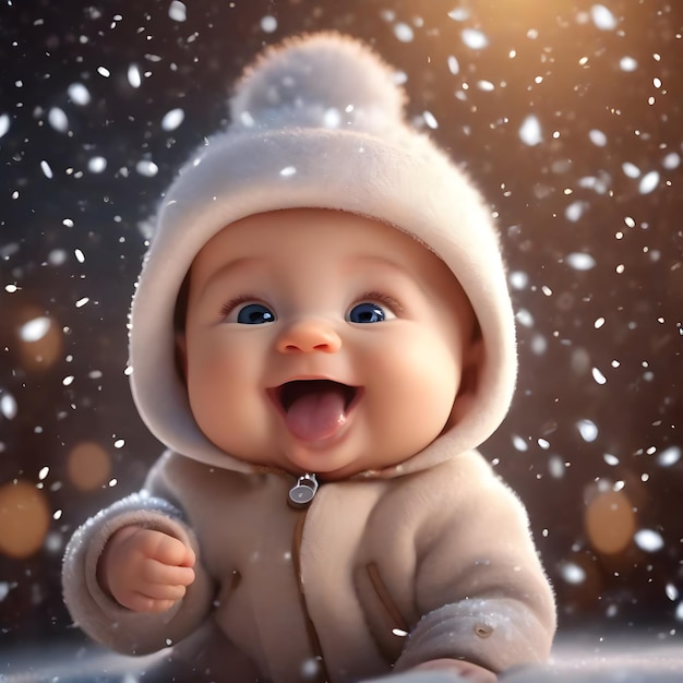 Cartoon baby 3d catches snowflakes with his tongue and laughs