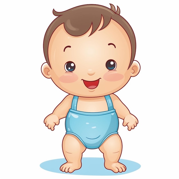 Foto neonato cartone animato in tuta blu in piedi e sorridente ai generativa