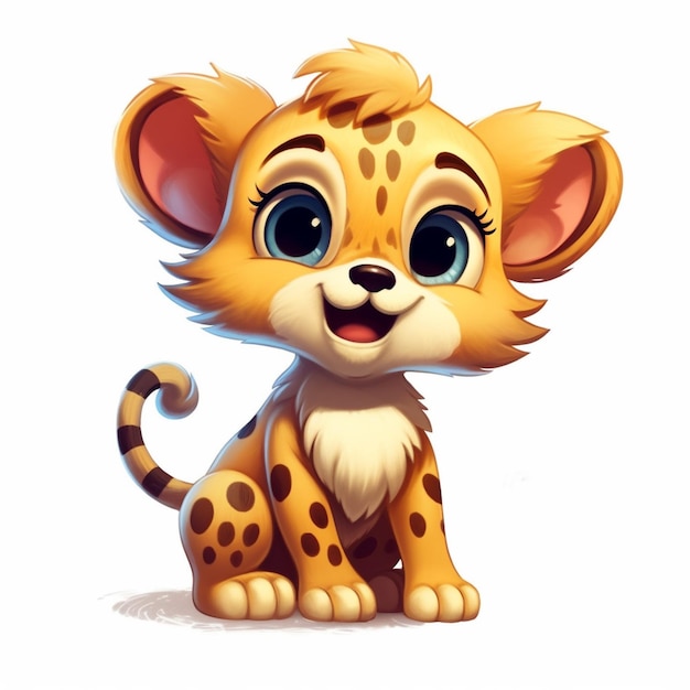 cartoon baby cheetah sitting on the ground with big eyes generative ai