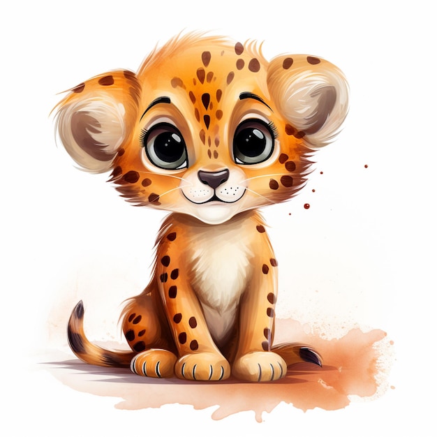 Cartoon baby cheetah sitting on the ground with a white background generative ai