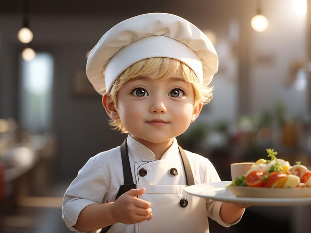 A cartoon of a baby chef with a white hat and a white hat