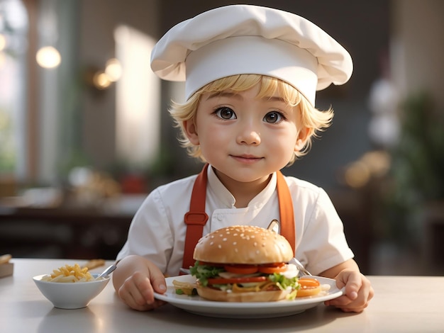 A cartoon of a baby chef with a white hat and a white hat