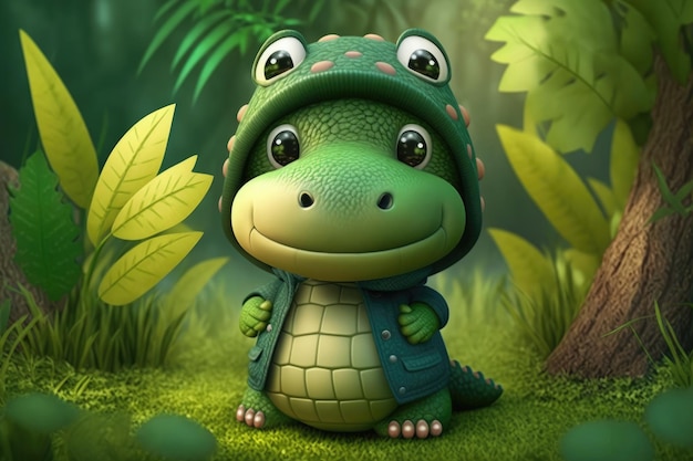 A cartoon of a baby crocodile wearing a jacket that says'i'm a crocodile '