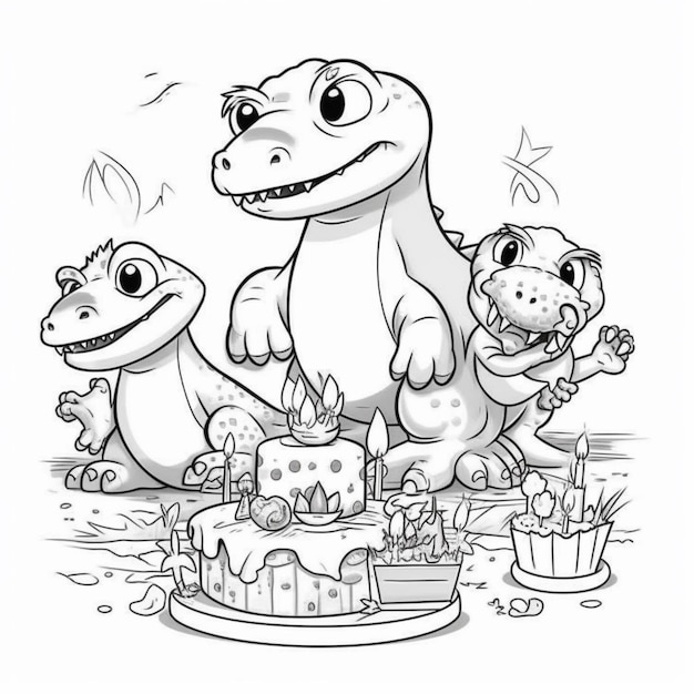 A cartoon of a baby dinosaur with a birthday cake and a baby dinosaur.