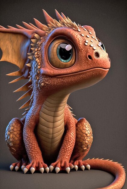 Photo cartoon baby dragon with big eyes on dark background generative ai