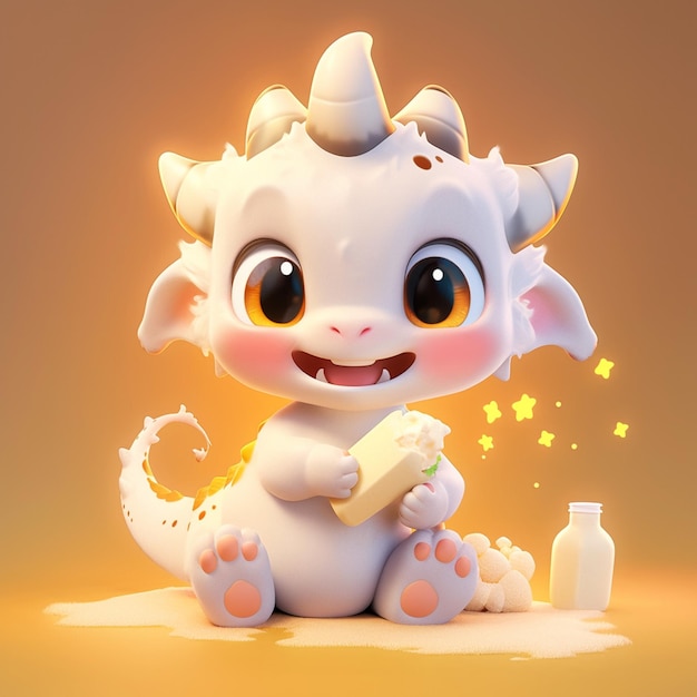 cartoon baby dragon with a bottle of milk and a toothbrush generative ai